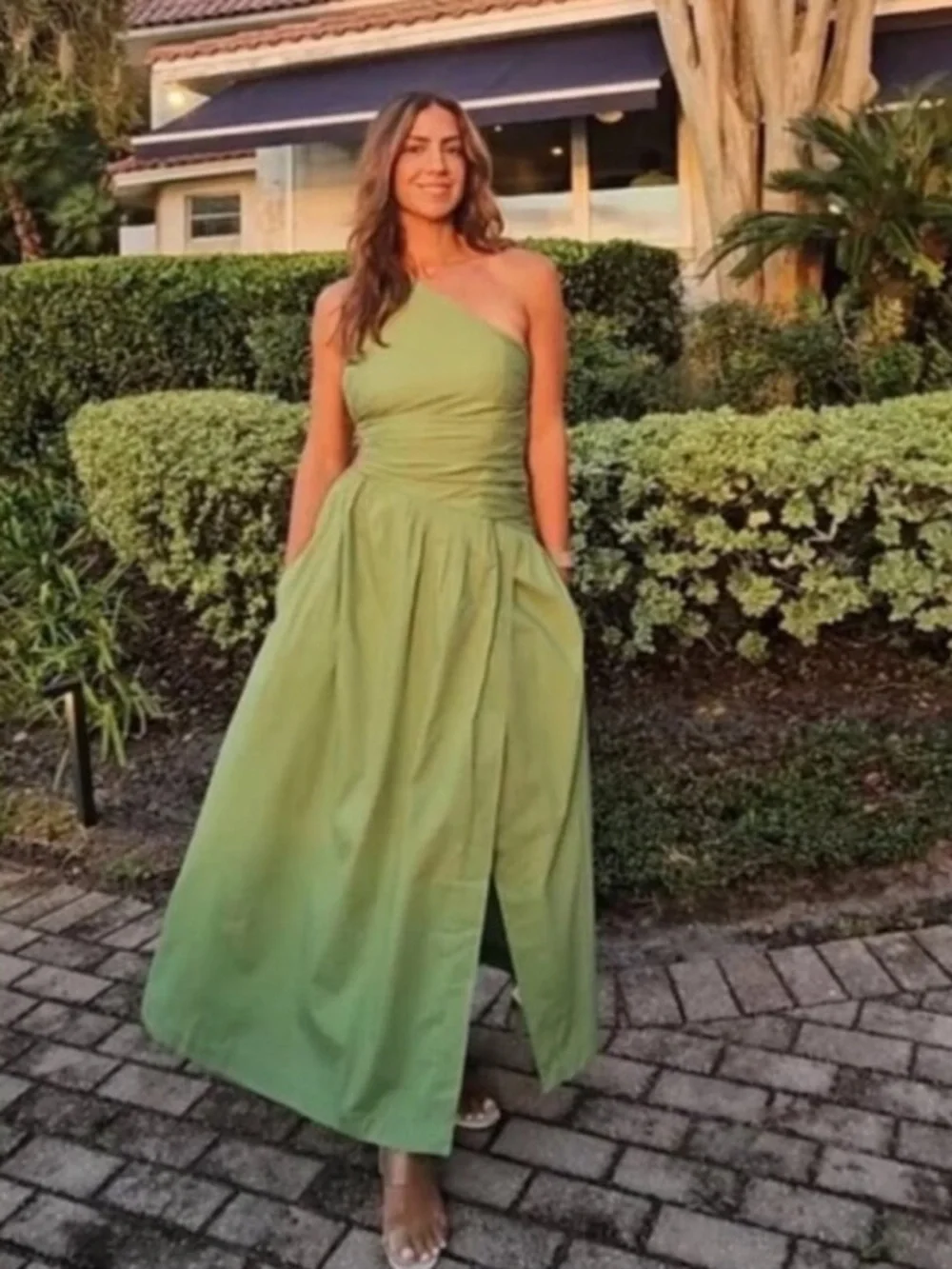 ABERCROMBIE & FITCH Green One-Shoulder Ruched Cut Out Maxi Dress! 🍃 - Picture 7 of 17